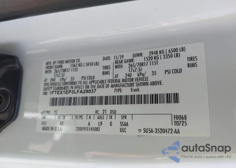 2020 Ford F150 Xl из США, поврежденный, VIN 1FTEX1EP3LFA29037